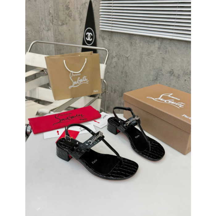 Christian Louboutin Croc‑embossed Black Leather Block Heel Thong Sandal