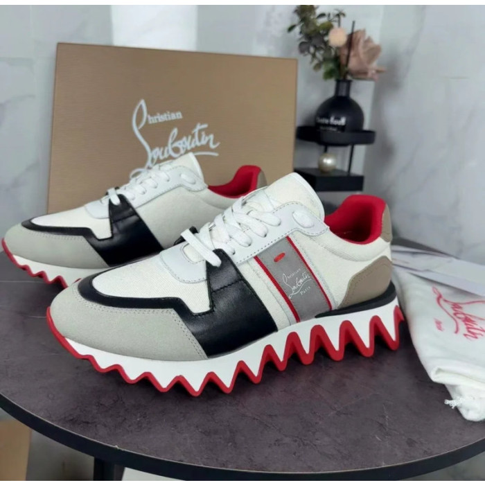 Christian Louboutin White‑Black‑Beige Color‑Block Lace‑Up Sneakers Red Shark‑Tooth Sole