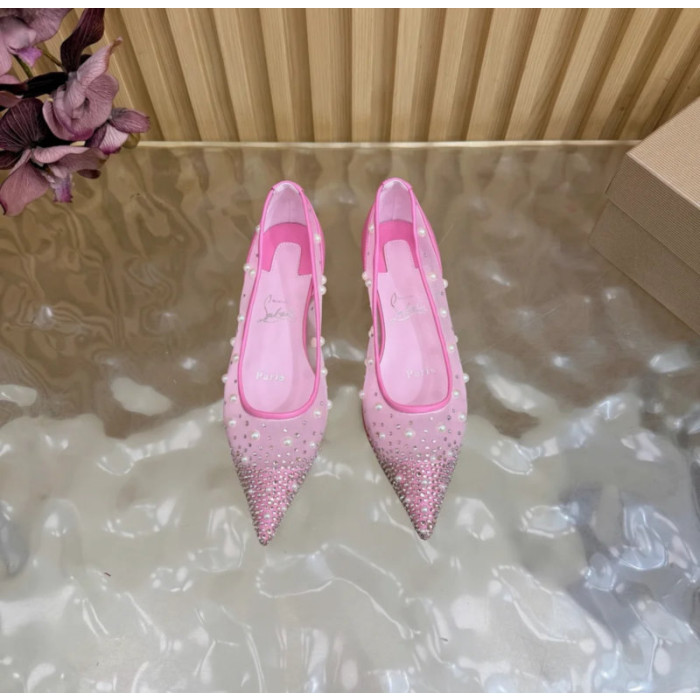 Christian Louboutin Pink Mesh Pearl Crystal‑Embellished Pointed‑Toe Flat Pumps