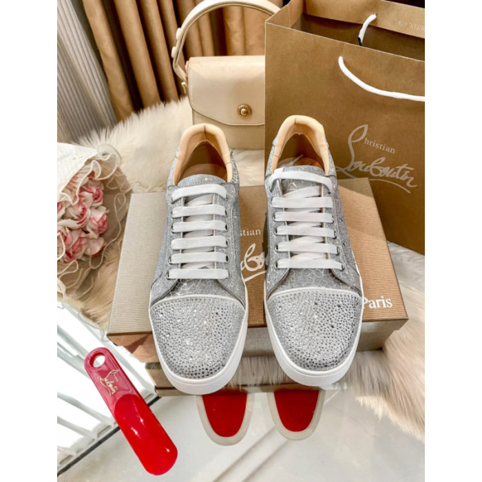 Christian Louboutin Silver Full‑Crystal Low‑Top Lace‑Up Casual Sneakers