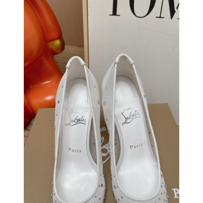Christian Louboutin White Mesh Crystal‑Embellished 100mm Pointed‑Toe Stiletto Heel Pumps