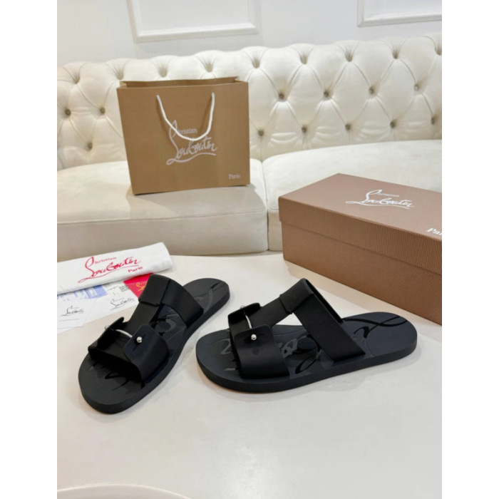 Christian Louboutin Black Rubber Double‑Buckle Slide Sandals