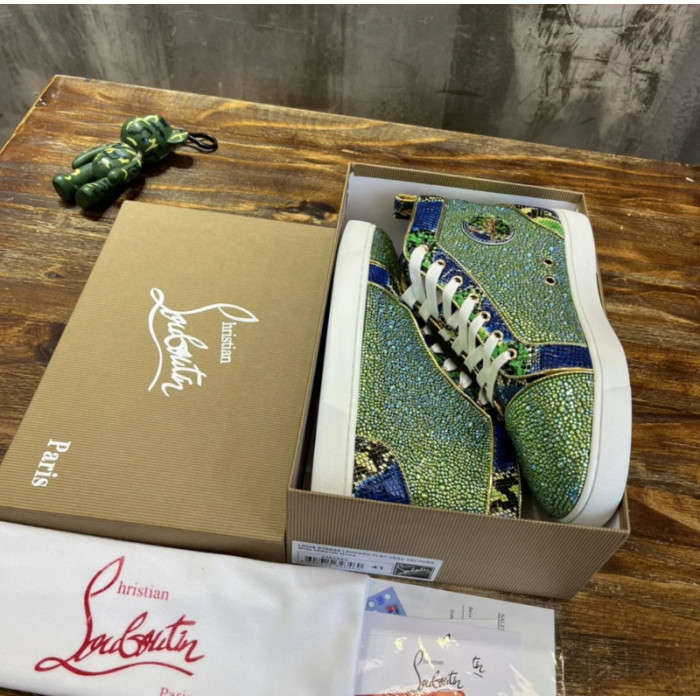 Christian Louboutin Green Crystal‑Embellished Snake‑Print High‑Top Sneakers