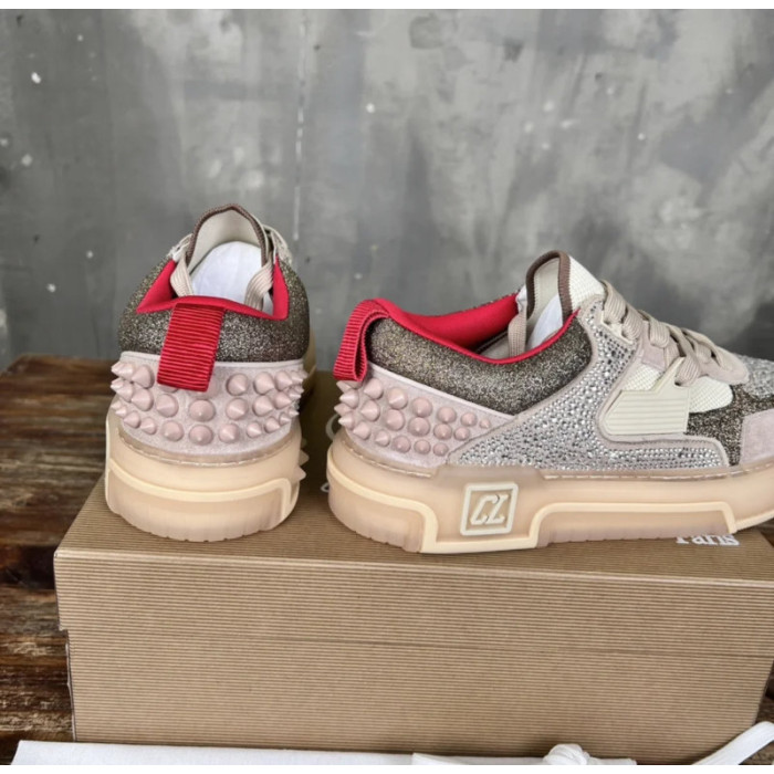 Christian Louboutin Beige Glitter Crystal Spiked Low‑Top Sneakers