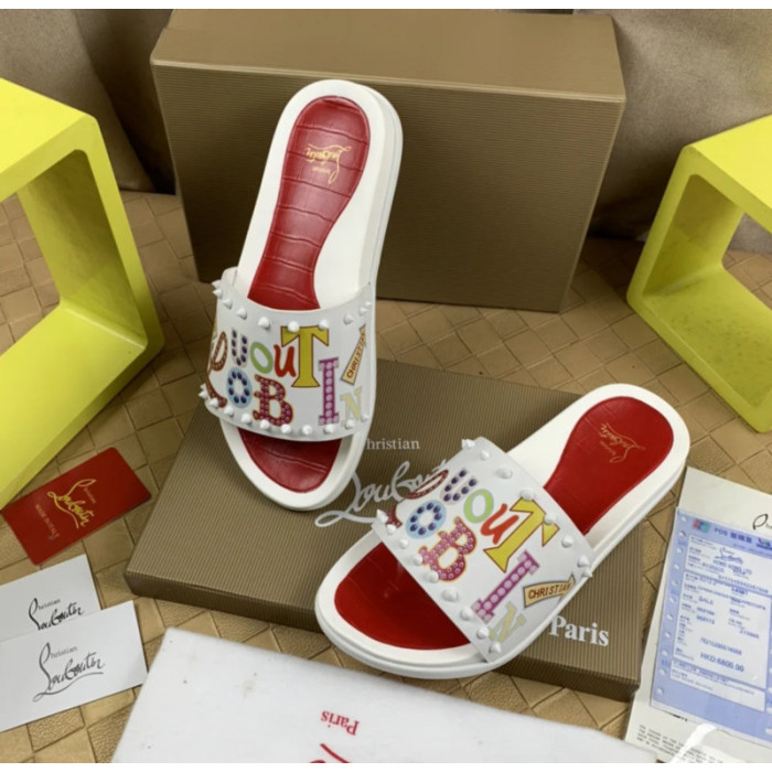 Christian Louboutin White Cartoon‑Graffiti Spiked Slide Sandals Red Footbed
