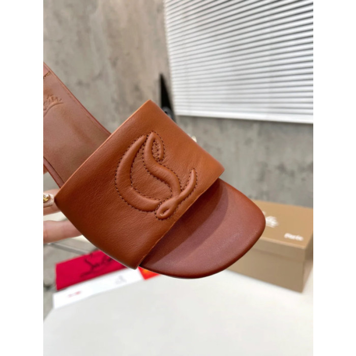 Christian Louboutin Cognac Brown Leather 55mm heel Block Heel Slide Sandal