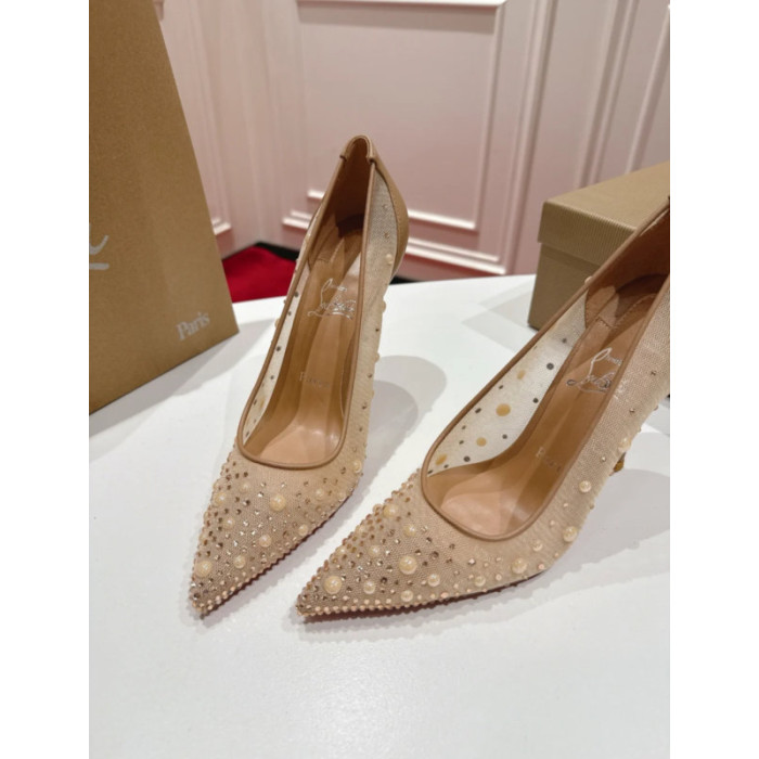 Christian Louboutin Nude Mesh Pearl Crystal 100mm Stiletto Heel Pumps