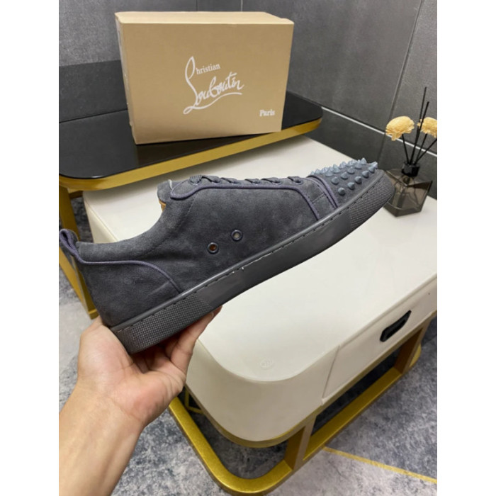 Christian Louboutin Dark Grey Suede Spiked Low‑Top Sneakers