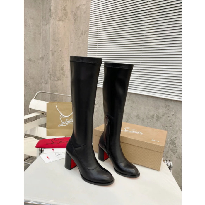 Christian Louboutin Black Smooth Leather 85mm heel Block‑Heel Knee‑High Boots
