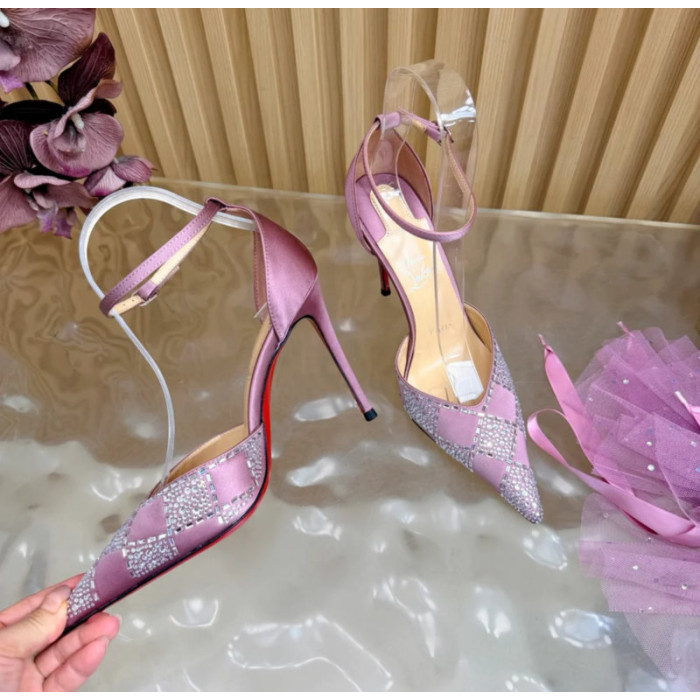 Christian Louboutin Dusty Purple Satin Checkered Crystal‑Embellished 100mm Stiletto Heel Ankle‑Strap Pumps