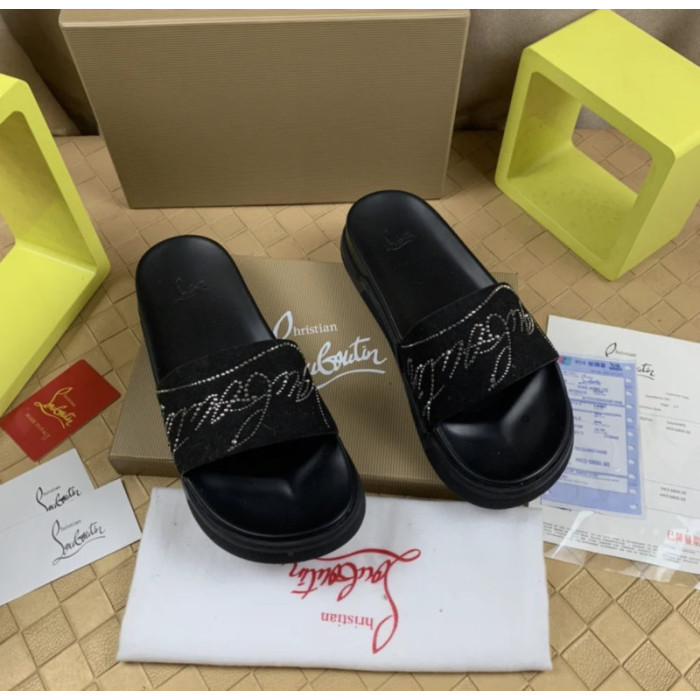 Christian Louboutin Black Suede Silver‑Rhinestone Graffiti Logo Slide Sandals