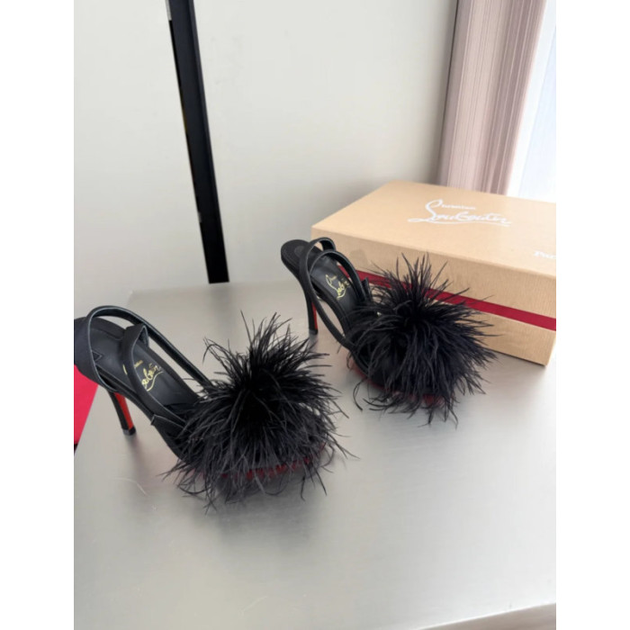 Christian Louboutin Black Feather 100mm Slingback Stiletto Sandals