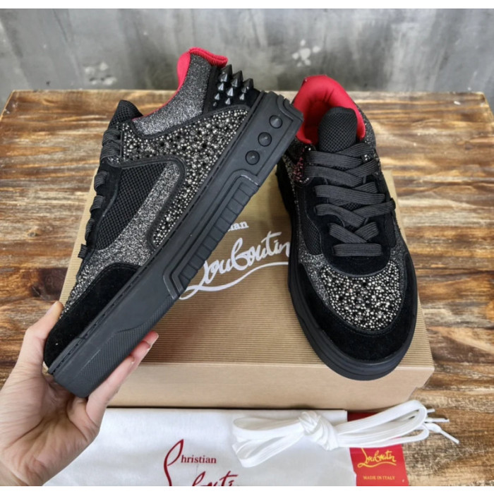 Christian Louboutin Black Suede Silver Glitter Spiked Platform Low‑Top Sneakers