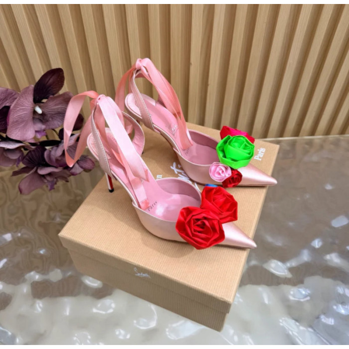 Christian Louboutin Pink Satin Multicolor Rose Flower 100mm Stiletto Heel Slingback Pumps