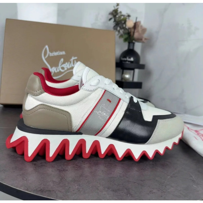 Christian Louboutin White‑Black‑Beige Color‑Block Lace‑Up Sneakers Red Shark‑Tooth Sole