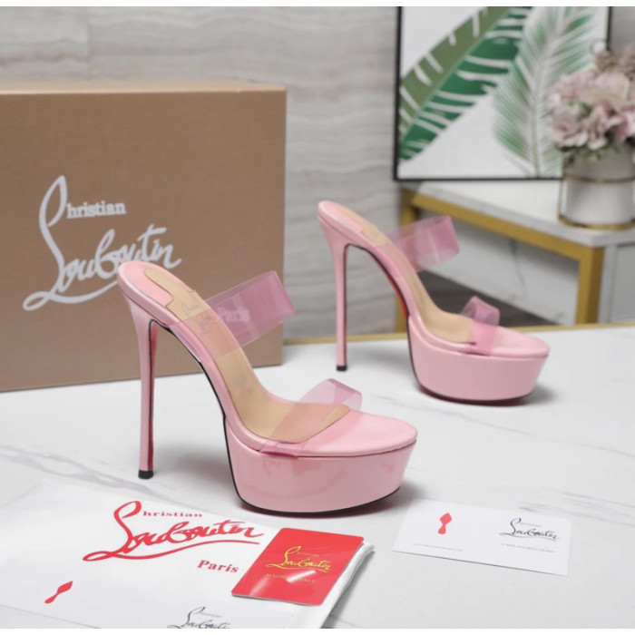 Christian Louboutin Pink Patent 150mm Clear‑Strap Heel Platform Mules