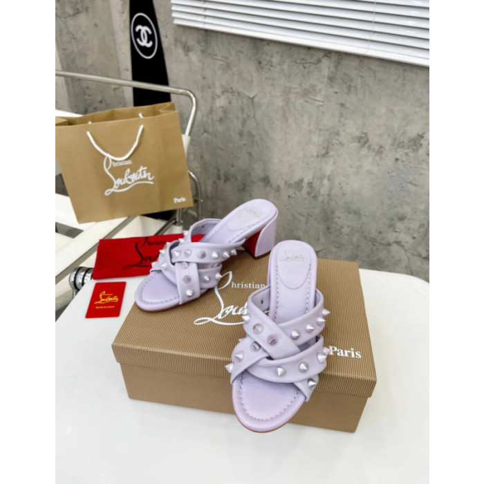 Christian Louboutin Lavender Leather Studded 55mm heel Slide Sandals