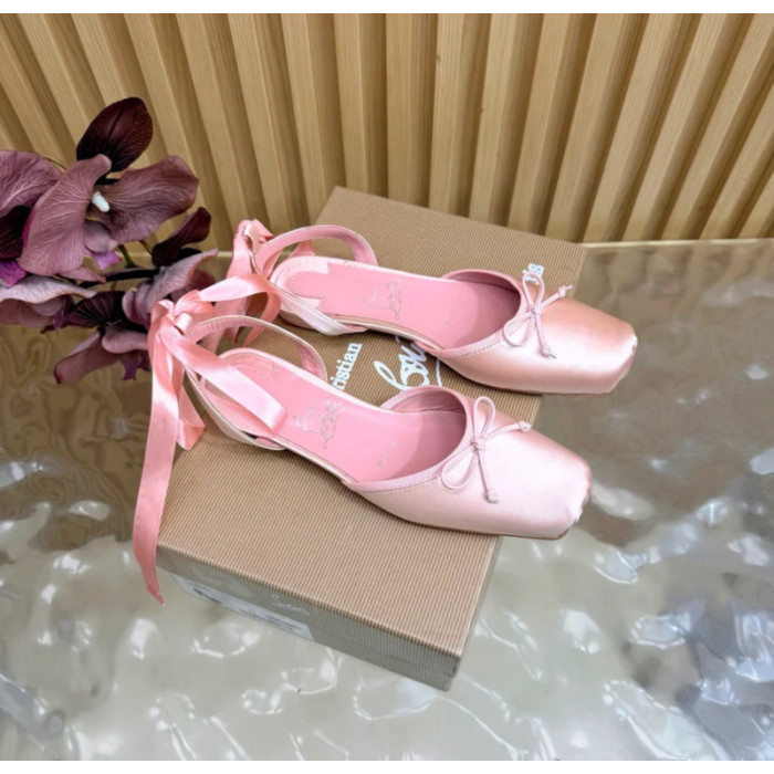 Christian Louboutin Pink Satin Bow Ankle‑Tie Slingback Ballet Flats