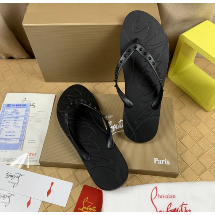 Christian Louboutin Black Embossed‑Logo Studded Flip‑Flop Sandals