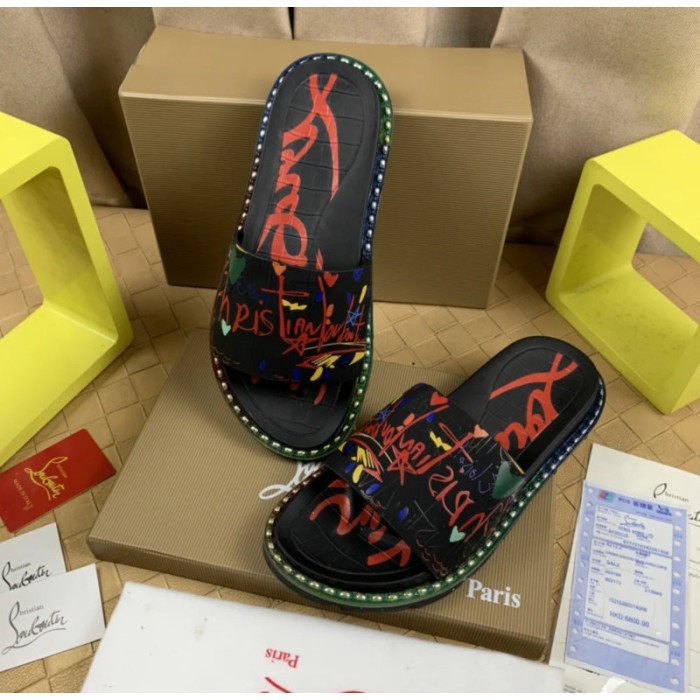 Christian Louboutin Black Graffiti‑Print Slides Rainbow Crystal‑Trimmed Sole