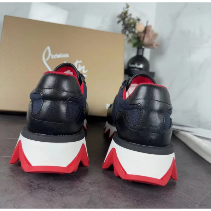 Christian Louboutin Navy‑Black Color‑Block Lace‑Up Sneakers Red Shark‑Tooth Sole