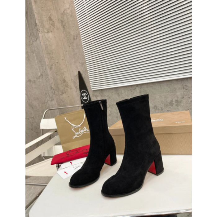 Christian Louboutin Black Suede Side‑Zip Block‑Heel Ankle Boots 85mm heel