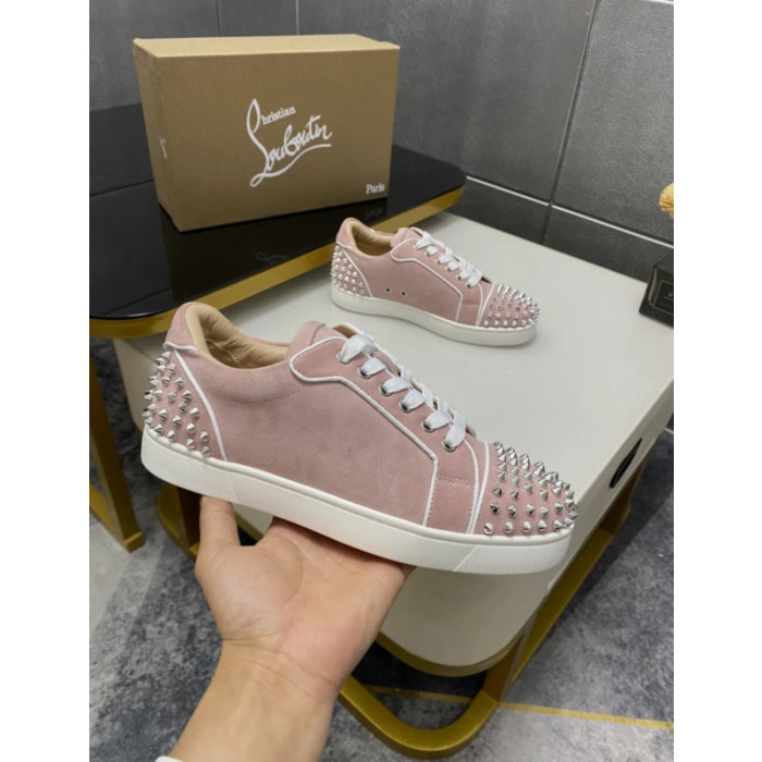 Christian Louboutin Pink Suede Silver‑Spiked Low‑Top Sneakers