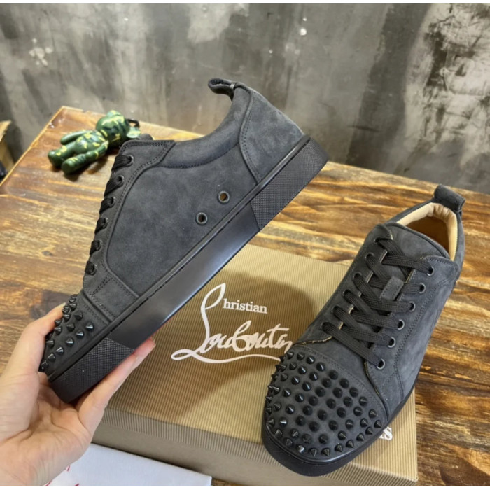Christian Louboutin Dark Grey Suede Black‑Spiked Low‑Top Men’s Sneakers