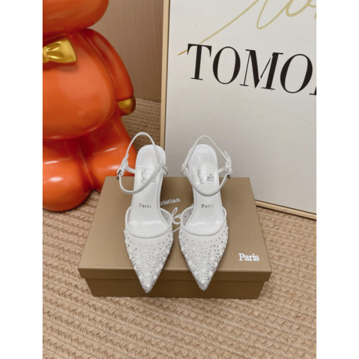 Christian Louboutin White Mesh 80mm Pearl‑Crystal‑Embellished Slingback Stiletto Heel Pumps