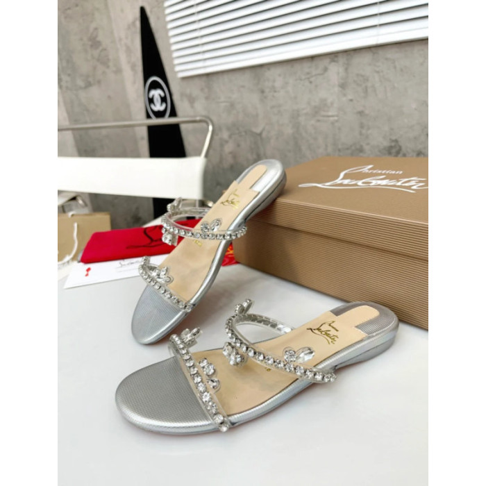 Christian Louboutin Silver Crystal Embellished Flat Slide Sandal