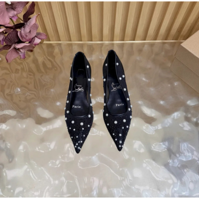 Christian Louboutin Black Mesh Pearl Crystal‑Embellished Pointed‑Toe Flat Pumps