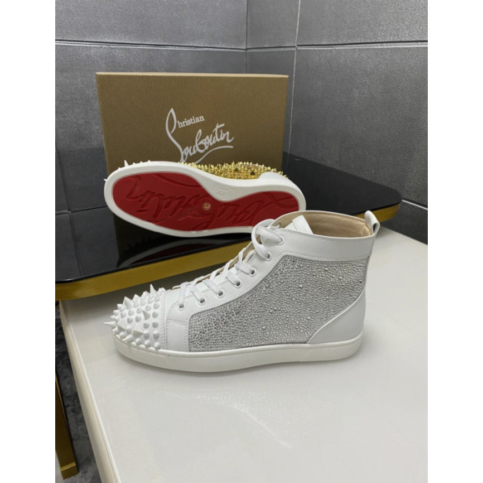 Christian Louboutin White Strass Rhinestone Spiked High‑Top Sneakers
