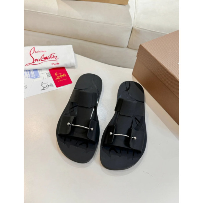 Christian Louboutin Black Rubber Double‑Buckle Slide Sandals