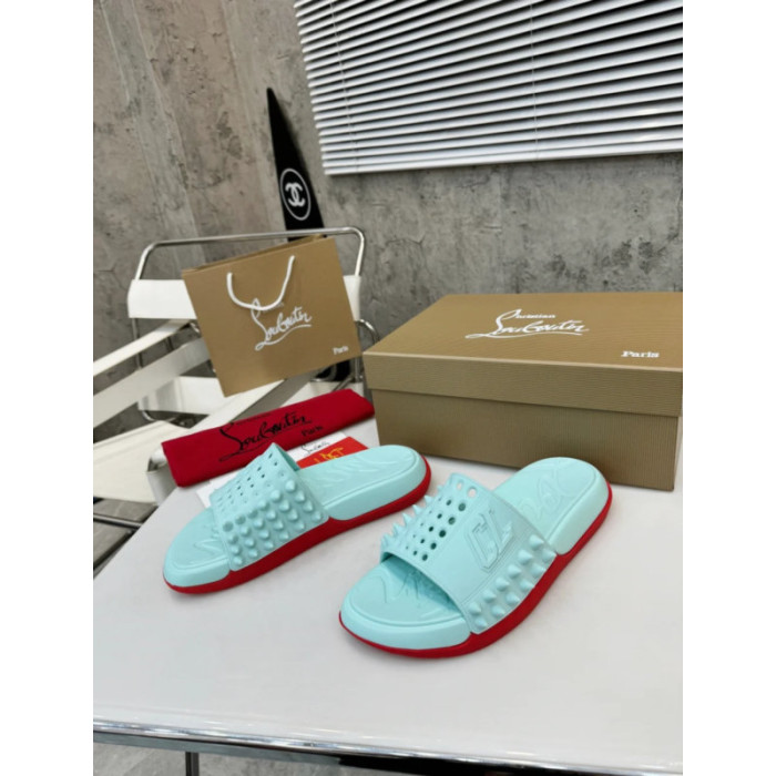 Christian Louboutin Mint Green Stud‑Embellished CL Logo Slide Sandals
