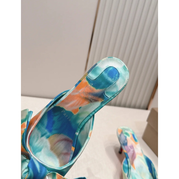 Christian Louboutin Tie‑Dye Satin Bow Mule Kitten Heel Sandals
