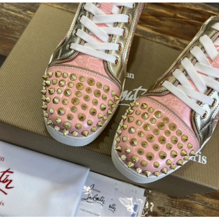 Christian Louboutin Pink‑Gold Glitter Spiked‑Toe Low‑Top Lace‑Up Sneakers