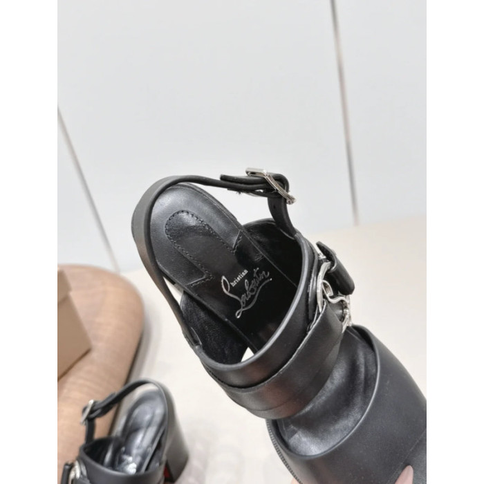 Christian Louboutin Black Leather Ankle‑Strap Block Heel Sandals 85mm heel