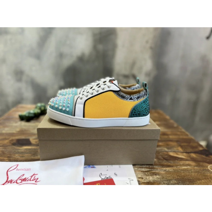 Christian Louboutin Color‑Block Spiked Rhinestone Low‑Top Sneakers