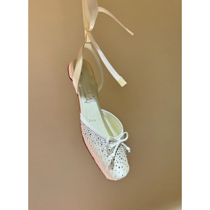Christian Louboutin Silver Satin Crystal Tie‑Ankle Ballet Flats
