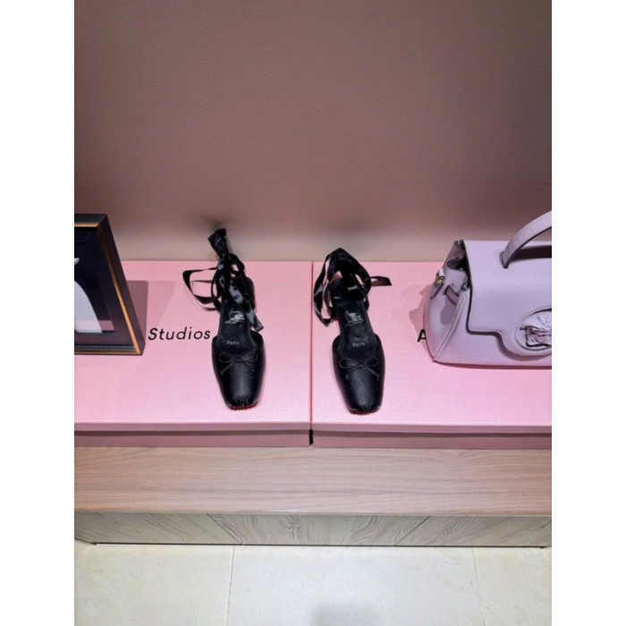 Christian Louboutin Black Satin Tie‑Ankle Ballet Flat Sandals