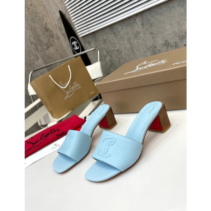 Christian Louboutin Light Blue Leather 55mm heel Block Heel Slide Sandal