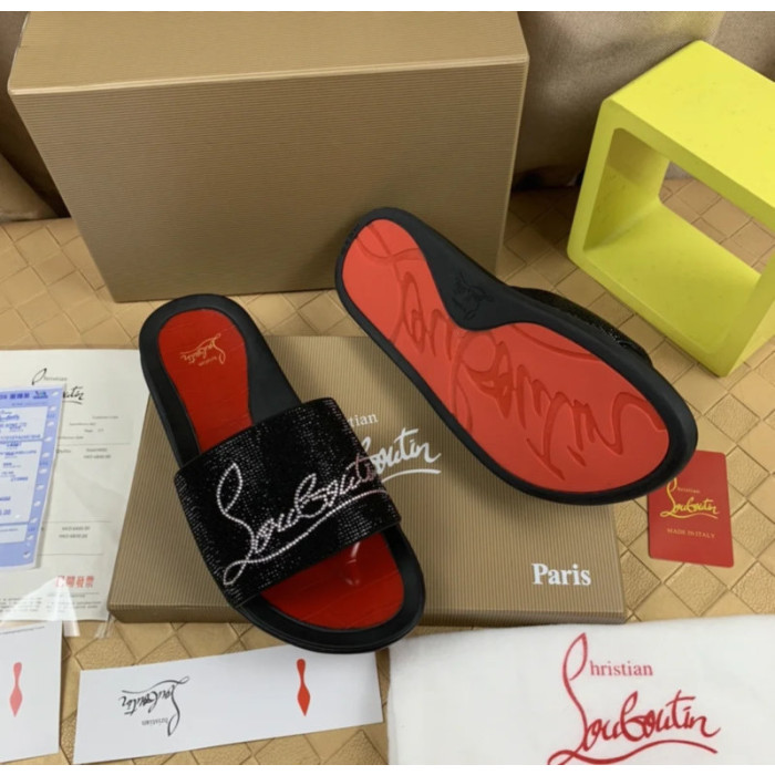 Christian Louboutin Black Crystal Logo Embellished Flat Slide Sandals