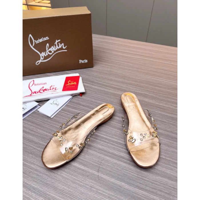 Christian Louboutin Clear Strap Crystal‑Embellished Gold Flat Slide Sandals