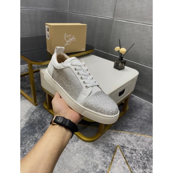 Christian Louboutin White Leather Silver Crystal‑Encrusted Low‑Top Sneakers