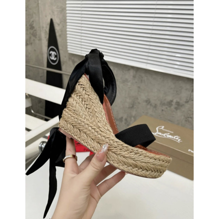 Christian Louboutin Black Textile 120mm heel Wedge Ankle‑Wrap Espadrille Sandal