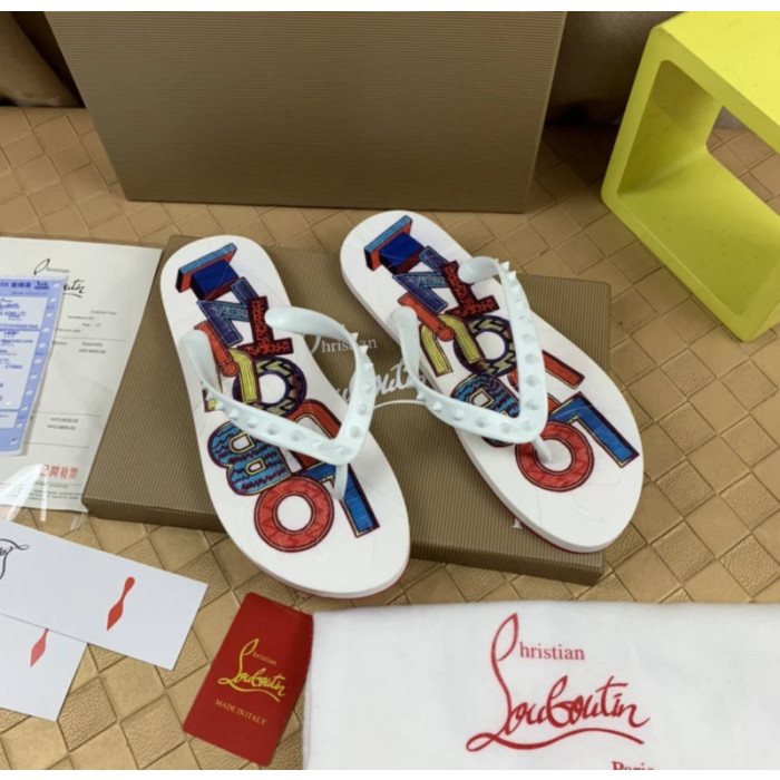 Christian Louboutin White Multi‑Color Graphic Print Studded Flip‑Flop Sandals