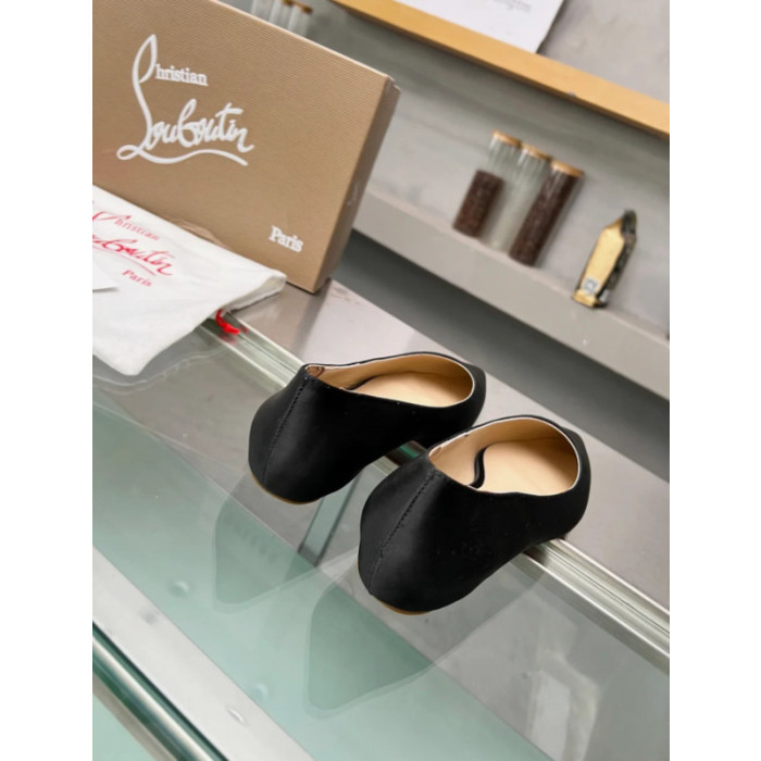 Christian Louboutin Black Satin Pointed‑Toe Low‑Wedge Heel Flats