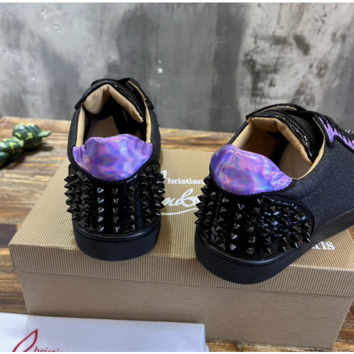 Christian Louboutin Black Glitter Holographic Purple‑Accent Black‑Spiked Low‑Top Sneakers