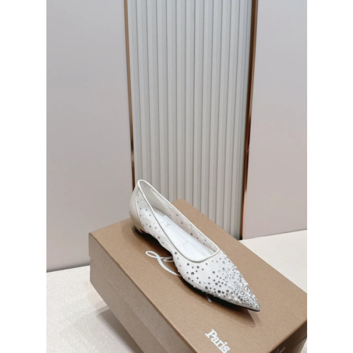 Christian Louboutin White Mesh Crystal‑Studded Pointed‑Toe Flat Shoes