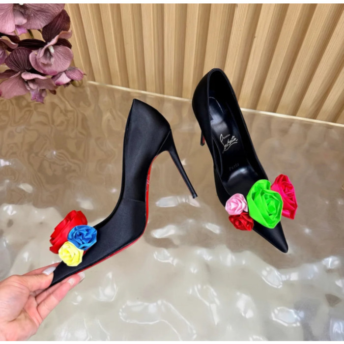 Christian Louboutin Black Satin Multicolor Fabric Flower 100mm Stiletto Heel Pumps